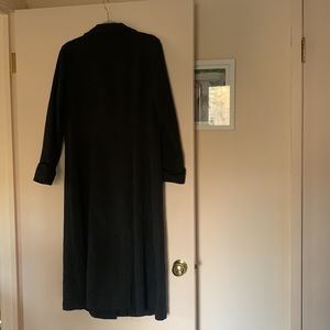 Elegant full swing duster coat with velvet buttons and trim